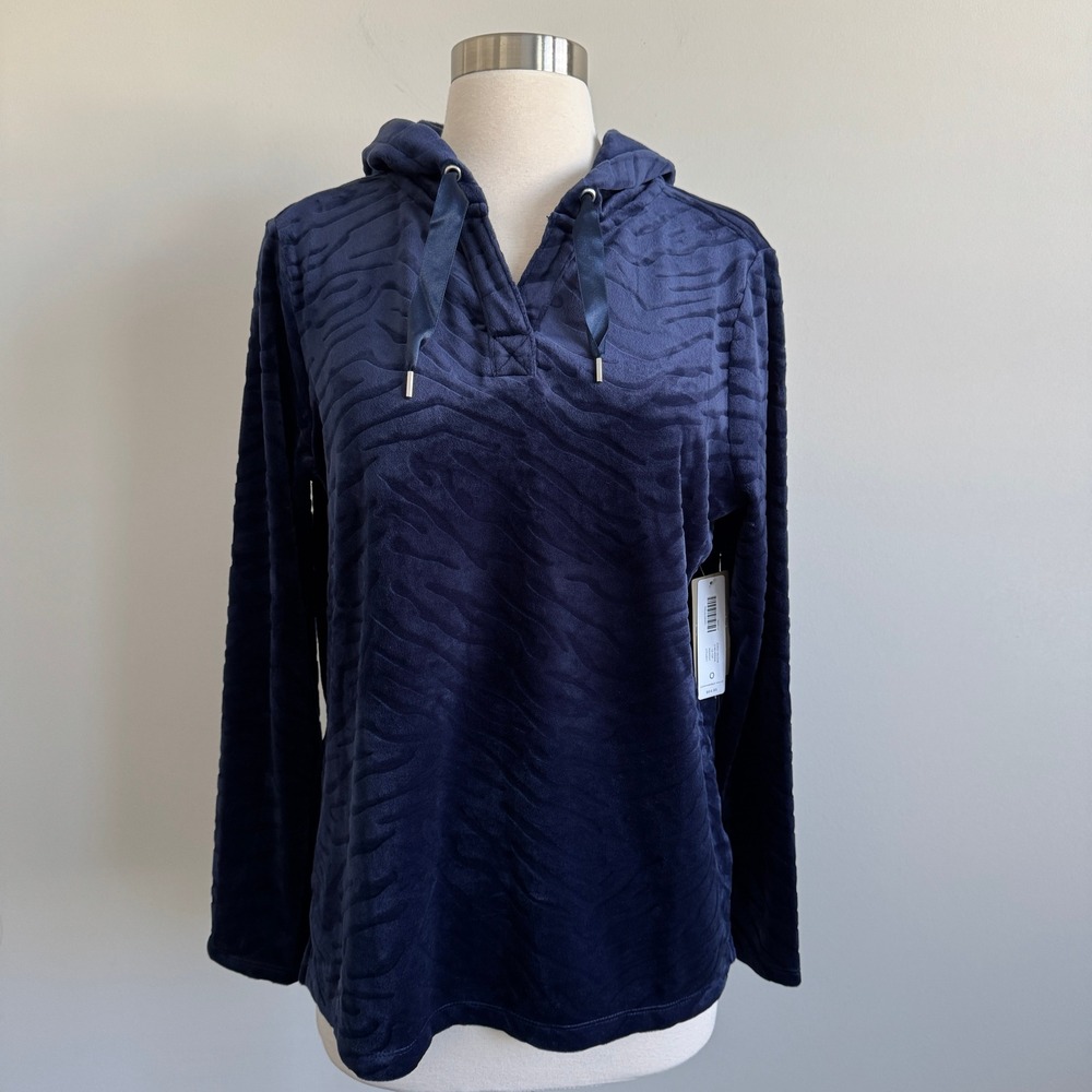 Chico's Weekends Zebra Velour Hoodie Midnight Navy Blue V-Neck Top Small NWT